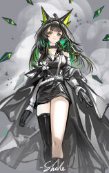  1girl absurdres ahoge arknights artist_name asymmetrical_legwear black_choker black_dress black_gloves black_hair black_socks black_thighhighs braid choker dress feet_out_of_frame frown gloves green_eyes green_streaks highres horns huge_ahoge long_hair looking_at_viewer mon3tr_(arknights) multicolored_hair shale sketch skindentation smoke socks streaked_hair thigh-highs thighs v-shaped_eyebrows 