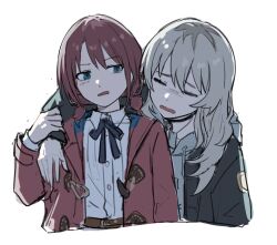  2girls black_jacket blue_eyes blue_ribbon brown_hair closed_eyes drunk girls_band_cry grey_hair grey_hoodie hood hood_down hoodie iseri_nina jacket kawaragi_momoka leaning_on_person long_hair low_twintails multicolored_hair multiple_girls neck_ribbon open_mouth red_jacket ribbon roots_(hair) shirt short_hair short_twintails simple_background suru_(seiya) twintails white_background white_shirt 