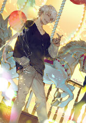  1boy absurdres akizero1510 artist_name balloon blue_shirt bow carousel closed_eyes dutch_angle ear_piercing feet_out_of_frame grey_pants hand_in_pocket hand_up highres holding holding_balloon jewelry layered_sleeves long_hair long_sleeves low_ponytail necklace open_mouth pants piercing ponytail railing ring see-through_balloon see-through_bow shirt short_over_long_sleeves short_sleeves smile solo susanghan_messenger teeth upper_teeth_only vertical-striped_sleeves white_hair zen_(susanghan_messenger) 