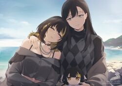  2girls beach black_choker black_hair blonde_streaks chain chain_necklace choker commentary_request hair_between_eyes hand_on_another's_shoulder highres hiroki_ree idolmaster idolmaster_shiny_colors ikaruga_luca jacket jacket_partially_removed jewelry mother_and_child mother_and_daughter mountain multicolored_hair multiple_girls necklace off_shoulder parent_and_child rock sand streaked_hair striped_clothes striped_jacket stuffed_toy vertical-striped_clothes vertical-striped_jacket yakumo_nami yellow_eyes 