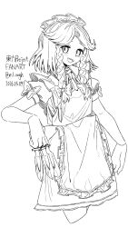  1girl absurdres apron between_fingers bow braid collared_shirt commentary copyright_name dated dress greyscale hair_bow highres holding holding_knife ichirugi izayoi_sakuya knife knives_between_fingers long_hair looking_at_viewer maid maid_apron maid_headdress monochrome open_mouth pinafore_dress puffy_short_sleeves puffy_sleeves shirt short_sleeves sleeve_bow sleeveless sleeveless_dress smile solo touhou twin_braids twitter_username 