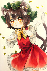  1girl :3 absurdres animal_ear_fluff animal_ear_piercing animal_ears bad_id bad_pixiv_id blush bow bowtie brown_hair cat_ears cat_girl cat_tail chen closed_mouth commentary cowboy_shot dress frilled_dress frills green_hat hair_between_eyes hands_up hat highres long_sleeves looking_at_viewer mob_cap mofumaa multiple_tails orange_eyes pinafore_dress red_dress shirt short_hair sleeveless sleeveless_dress smile solo tail touhou two_tails white_shirt yellow_bow yellow_bowtie 