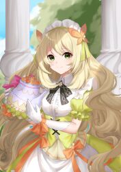  1girl apron black_bow black_bowtie blonde_hair blue_sky blush bow bowtie breasts butterfly_hair_ornament celine_(blissful_tea_party)_(fire_emblem) celine_(fire_emblem) closed_mouth clouds column commentary_request dress ell_0314 fire_emblem fire_emblem_engage fire_emblem_heroes gloves green_dress hair_ornament headdress highres holding holding_teapot long_hair looking_at_viewer maid maid_apron maid_headdress official_alternate_costume outdoors pillar ribbon sky small_breasts smile solo teapot tree very_long_hair white_gloves yellow_dress 