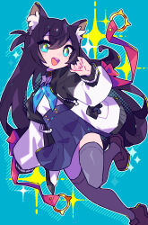  1girl :d animal_ear_fluff animal_ears black_hair blue_background blue_eyes blue_neckerchief blue_skirt blush brown_shoes cat_ears cat_girl commentary_request commission double-parted_bangs full_body grey_thighhighs hair_between_eyes hand_up highres honoca6190 jacket long_hair long_sleeves looking_at_viewer miniskirt neckerchief open_clothes open_jacket open_mouth original outline pleated_skirt shoes skeb_commission skirt smile solo sparkle standing standing_on_one_leg thigh-highs white_jacket white_outline zettai_ryouiki 