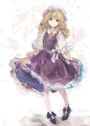  1girl blush boots bow brown_boots collared_shirt commentary_request dress frilled_dress frills hat highres holding_own_dress long_hair maribel_hearn mob_cap neck_ribbon open_mouth pinafore_dress puffy_short_sleeves puffy_sleeves purple_dress red_ribbon ribbon sash shirt short_sleeves sleeveless sleeveless_dress solo touhou uwazumi white_bow white_hat white_sash white_shirt 