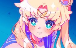  1girl bishoujo_senshi_sailor_moon blonde_hair blue_eyes blush choker circlet colored_eyebrows commentary earrings jewelry magical_girl meme parted_bangs red_choker sailor_moon sailor_moon_redraw_challenge_(meme) sailor_senshi_uniform savi_(byakushimc) solo sparkling_eyes tsukino_usagi twintails 