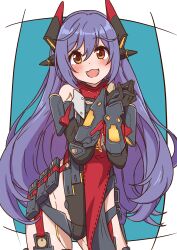  1girl :3 :d absurdres aka_fuji android aqua_background blush border commission commissioner_upload covered_navel elbow_gloves gloves headgear highleg highleg_leotard highres joints leotard long_hair looking_at_viewer non-web_source outside_border own_hands_together poppi_(xenoblade) poppi_qtpi_(xenoblade) purple_hair red_scarf robot_ears robot_joints scarf skeb_commission smile solo very_long_hair white_border xenoblade_chronicles_(series) xenoblade_chronicles_2 yellow_eyes 