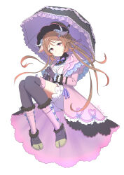  1girl absurdres animal_ears animal_feet arknights black_gloves black_hat black_thighhighs bow bowtie braid brown_hair chinese_commentary closed_mouth coat commentary english_commentary eyjafjalla_(arknights) eyjafjalla_(fluffy_little_witch)_(arknights) frilled_sleeves frills full_body gloves hair_ornament hair_ribbon hat highres holding holding_umbrella horns knees_together_feet_apart long_hair long_sleeves mixed-language_commentary official_alternate_costume open_clothes open_coat parasol pink_bow pink_bowtie pink_coat pink_eyes pink_ribbon purple_bow purple_bowtie quietmrcat ribbon sheep_ears sheep_girl sheep_horns smile solo thigh-highs traditional_bowtie umbrella white_horns x_hair_ornament 