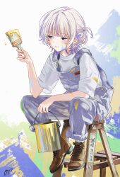  1girl alternate_costume blue_overalls blush boots brown_boots brown_hair commentary_request highres holding holding_paintbrush hololive hololive_dev_is lace-up_boots ladder mori_nox multicolored_hair overalls paint paint_can paint_on_body paint_on_clothes paintbrush pants pants_rolled_up parted_lips purple_hair shirt short_hair short_sleeves signature sitting solo stepladder t-shirt todoroki_hajime two-tone_hair violet_eyes virtual_youtuber white_shirt 