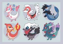  adoptable black_eyes blue_eyes bright_pupils charmeleon closed_mouth colored_sclera commentary corvisquire darkrai english_commentary fire flame-tipped_tail flutter_mane full_body fusion grey_background highres no_humans pokemon pokemon_(creature) red_eyes red_sclera seaking shirothetidalfox snivy sylveon tail white_pupils yellow_eyes 