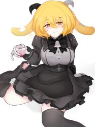  1girl absurdres animal_ears asymmetrical_horns backward-facing_horns bell bell_bow black_dress black_skirt black_thighhighs blonde_hair blush blush_stickers bob_cut bow bowtie breasts cosplay cowboy_shot cross cross_in_eye cup demon_girl don_quixote_(project_moon) dot_nose dress english_commentary fang femme_soule femme_soule_(cosplay) fufiich gloves goat_horns highres holding holding_cup horns inverted_cross large_breasts limbus_company long_sleeves looking_at_viewer mismatched_horns notched_ear pink_hair pink_liquid project_moon puffy_sleeves pukey_goddess_shot_trick short_hair simple_background single_thighhigh sitting skindentation skirt solo thigh-highs white_background white_gloves yellow_background yokozuwari 