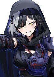  1girl absurdres black_cape black_dress black_hair cape carternanmen closed_mouth dress highres hololive hololive_english looking_at_viewer multicolored_hair official_alternate_costume open_mouth shiori_novella shiori_novella_(ebony_odogaron) smile solo split-color_hair virtual_youtuber white_hair yellow_eyes 