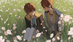  2boys amagi_hiiro amagi_rinne blue_eyes brothers closed_mouth commentary ensemble_stars! flower grass hair_between_eyes highres houndstooth jacket long_sleeves looking_at_another male_focus multicolored_jacket multiple_boys noznuc open_clothes open_jacket pants red_hair short_hair siblings sitting smile white_flower white_pants 