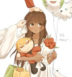  1boy 1girl 1other absurdres balloon blush bouquet brown_eyes brown_hair character_doll dark-skinned_female dark_skin doll dress ehddmftk enkidu_(fate) fate/strange_fake fate_(series) gilgamesh_(fate) hair_ribbon half_updo highres holding holding_balloon holding_bouquet long_hair open_mouth ribbon simple_background tine_chelc white_background white_dress wolf_(fate) 