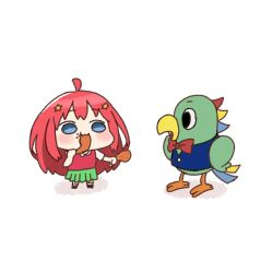  1girl ahoge akino_ell black_shoes blue_eyes blue_vest blush bow bowtie character_request chicken_(food) chicken_leg collared_shirt commentary_request food go-toubun_no_hanayome green_skirt hair_ornament holding holding_food long_hair nakano_itsuki pleated_skirt red_bow red_bowtie red_hair shadow shirt shoes short_sleeves simple_background skirt standing star_(symbol) star_hair_ornament sweater_vest very_long_hair vest white_background white_shirt 