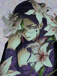  0x_lily 1boy black_jacket collared_shirt corbeau_(pokemon) eyewear_strap flower glasses highres jacket lily_(flower) long_sleeves looking_at_viewer male_focus necktie parted_hair pokemon pokemon_legends:_z-a purple_background purple_hair purple_shirt round_eyewear shirt short_hair simple_background solo upper_body white_flower white_necktie yellow_eyes 