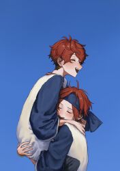  2boys amagi_hiiro amagi_rinne blue_background blue_headband blush brothers carrying carrying_person closed_eyes commentary ensemble_stars! hair_between_eyes headband highres long_sleeves male_focus multiple_boys noznuc open_mouth red_hair short_hair siblings simple_background smile two-tone_shirt 