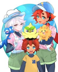  3girls backpack bag blue_eyes browt commentary_request cosplay ericht_samaya female_protagonist_(pokemon_ww) female_protagonist_(pokemon_ww)_(cosplay) gecqua gloves grey_eyes grey_hair gundam gundam_suisei_no_majo hat highres holding holding_pokemon long_hair male_protagonist_(pokemon_ww) male_protagonist_(pokemon_ww)_(cosplay) miorine_rembran multiple_girls on_head on_shoulder partially_fingerless_gloves pink_shirt pokemon pokemon_(creature) pokemon_on_head pokemon_on_shoulder pokemon_winds_and_waves pombon red_hair shirt short_hair smile suletta_mercury thick_eyebrows xcua4574 