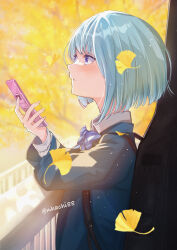  1girl absurdres arm_rest autumn_leaves blue_bow blue_bowtie blue_jacket bow bowtie cellphone collared_shirt commentary_request falling_leaves film_grain fingernails flip_phone guitar_case hand_up highres holding holding_phone hololive hoshimachi_suisei instrument_case jacket leaf light_blush long_sleeves looking_up niharai outdoors parted_lips phone plaid_bow railing shirt short_hair solo star_(symbol) star_in_eye symbol_in_eye tree twitter_username upper_body violet_eyes virtual_youtuber white_shirt 