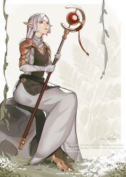  1girl aged_up armor commentary dress earrings elf english_commentary frieren green_eyes high_heels highres holding holding_staff jewelry long_hair looking_ahead parted_bangs pointy_ears rock sitting solo sousou_no_frieren staff vvvimint white_dress white_hair 