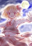  1girl absurdres ascot blonde_hair dress full_moon hair_ribbon highres knora looking_at_viewer moon outstretched_arms red_eyes ribbon rumia short_hair touhou vest 