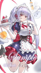  1girl absurdres apron artist_name black_shoes blue_skirt bottle breasts cake cake_slice commentary_request commission cup fingernails food foot_out_of_frame frilled_hairband frilled_sleeves frilled_thigh_strap frills hairband hands_up high_heels highres holding holding_cake holding_food holding_plate large_breasts leg_up long_hair looking_at_viewer multicolored_skirt nail_polish neck_ribbon original plate puffy_sleeves red_eyes red_skirt ribbon sample_watermark shale shoes short_sleeves simple_background skirt solo thigh_strap tongue tongue_out two-tone_skirt watermark white_apron white_background white_hair white_nails white_wrist_cuffs wrist_cuffs 