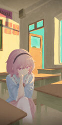 2girls absurdres black_hairband black_hat blue_shirt classroom closed_mouth commentary contemporary desk eyeball frilled_shirt_collar frilled_sleeves frills hair_between_eyes hair_ornament hairband hand_on_own_cheek hand_on_own_face hat heart heart_hair_ornament highres joblack komeiji_koishi komeiji_satori looking_at_viewer medium_hair multiple_girls pink_eyes pink_hair pink_skirt school_desk shirt siblings sisters sitting skirt smile solo_focus touhou 