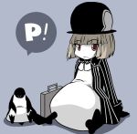  1girl ascot beak bird blue_background bob_cut boots borrowed_character briefcase brown_hair coat collar gloves hat long_sleeves looking_at_viewer nijimofu open_clothes open_coat original p parachute_pants penguin penguin_(koala) red_eyes simple_background sitting sleeve_cuffs striped_sleeves toes 