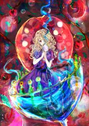 1girl absurdres alternate_eye_color apple blush bow commentary_request covered_mouth dateless_bar_"old_adam" dress dress_bow food fruit glass highres holding holding_mirror long_hair maribel_hearn mirror official_alternate_costume one_eye_covered puffy_short_sleeves puffy_sleeves purple_dress red_eyes short_sleeves sleeve_cuffs snake solo sparkle star_(sky) touhou uwazumi 