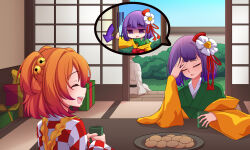  1boy 2girls arrow_(symbol) blue_sky bmkro box bush closed_eyes commentary commission cup english_commentary flower food gift gift_box green_kimono hair_between_eyes hair_flower hair_ornament hieda_no_akyuu highres indoors japanese_clothes kimono motoori_kosuzu multiple_girls orange_hair plate purple_flower short_hair shrine sky speech_bubble touhou two_side_up violet_eyes white_kimono 