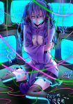  1girl blue_eyes blue_hair cable electricity ene_(kagerou_project) headphones highres kagerou_project long_hair monitor noahxxx sitting skirt solo thighhighs track_jacket twintails wariza wide_sleeves zettai_ryouiki zipper 