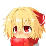  1girl blonde_hair blush bust face fang hair_ribbon hecchi_(blanch) mittens open_mouth red_eyes ribbon rumia scarf simple_background smile solo touhou white_background 