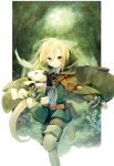  1girl animal_hug belt blonde_hair boots cape dress fantasy forest green_dress green_eyes ibara_riato long_sleeves mushroom nature open_mouth original pantyhose running smile solo thigh_boots thighhighs 