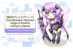  1girl blue_eyes braid breasts choujigen_game_neptune cleavage english greenteaneko hair_ornament hand_on_hip highres leaning_forward navel planted_sword planted_weapon power_symbol purple_hair purple_heart smile solo standing sword symbol-shaped_pupils thighhighs translation_request twin_braids watermark weapon web_address wings 