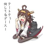  1girl ahoge braid brown_hair closed_eyes crying detached_sleeves hairband japanese_clothes kakushiaji kantai_collection kongou_(kantai_collection) machinery nontraditional_miko open_mouth personification sitting solo tears thighhighs turret wide_sleeves 