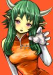 1girl china_dress chinese_clothes draco_centauros elbow_gloves gloves green_hair horns madou_monogatari payot pointy_ears puyopuyo riry short_hair solo violet_eyes 
