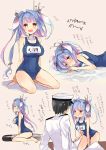  1girl admiral_(kantai_collection) blue_hair breasts highres i-19_(kantai_collection) kantai_collection long_hair multicolored_hair open_mouth personification red_eyes ribbon sahara_(charlotte) school_swimsuit sitting swimsuit torpedo twintails wariza 