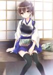  1girl black_legwear brown_eyes brown_hair closed_mouth japanese_clothes kaga_(kantai_collection) kantai_collection long_sleeves looking_at_viewer muneate personification pleated_skirt side_ponytail skirt solo thighhighs wide_sleeves zettai_ryouiki 