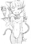  1girl animal_ears bowtie braid cat_ears cat_tail fang fishnet_pantyhose fishnets food food_on_face ice_cream kaenbyou_rin kittysuit leotard monochrome multiple_tails nametake open_mouth pantyhose sketch solo sundae tail touhou tray twin_braids wink wrist_cuffs 