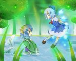  2girls ankle_socks arms_behind_back blue_eyes blue_hair blush cirno clenched_hands dress drill_hair eye_contact flying forest grass green_eyes hands_on_own_chest head_fins ice ice_wings japanese_clothes kimono lake light_particles long_sleeves looking_at_another mermaid monster_girl multiple_girls nature obi open_mouth partially_submerged profile ribbon short_hair short_sleeves sunbeam sunlight tanikake_yoku touhou wakasagihime wide_sleeves wings 