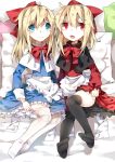  2girls apron black_legwear blonde_hair blue_dress blue_eyes bow capelet doll_joints dress hair_bow highres hourai_doll long_sleeves looking_at_viewer multiple_girls no_shoes open_mouth pillow red_(girllove) red_dress red_eyes shanghai_doll sitting thighhighs touhou waist_apron white_legwear zettai_ryouiki 