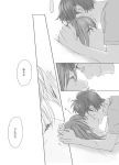  1boy 1girl bed blush cheek_kiss comic couple facial_hair kiss long_hair makise_kurisu miya_(hooooo) monochrome okabe_rintarou pillow short_hair steins;gate stubble translation_request 