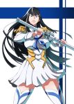  1girl angry black_hair blue_hair breasts epaulettes eyebrows highres katana kill_la_kill kiryuuin_satsuki large_breasts long_hair looking_at_viewer nuezou school_uniform skirt solo sword thighhighs very_long_hair weapon white_legwear 