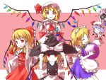  6+girls alternate_costume apron ascot ball bat_wings blonde_hair blue_dress blue_hair bow braid brooch camera chibi closed_eyes detached_sleeves dress enmaided fang flandre_scarlet four_of_a_kind_(touhou) fourth_wall hair_bow hair_tubes hakurei_reimu hakurei_reimu_(cosplay) hat hat_bow hat_tug highres izayoi_sakuya izayoi_sakuya_(cosplay) jewelry kirisame_marisa kirisame_marisa_(cosplay) long_sleeves looking_at_viewer maid maid_headdress minust mob_cap multiple_girls o_o pink_dress pose puffy_sleeves red_eyes remilia_scarlet_(cosplay) shirt short_sleeves silver_hair single_braid skirt skirt_set smile touhou vest waist_apron wide_sleeves wings witch_hat wrist_cuffs 