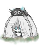  1girl aqua_eyes blush_stickers chibi flat_gaze gomasamune grey_hair hat hat_removed headwear_removed kantai_collection solo tent wo-class_aircraft_carrier 