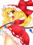  1girl ass blonde_hair blush crystal dress flandre_scarlet frills from_behind hat hat_ribbon looking_at_viewer looking_back mob_cap ponytail red_dress red_eyes ribbon short_hair side_ponytail simple_background solo touhou traditional_media white_background wings yukaxcat 
