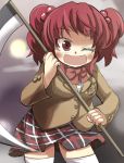  1girl blazer bow contemporary gaoo_(frpjx283) hair_bobbles hair_ornament highres looking_at_viewer onozuka_komachi open_mouth red_eyes redhead school_uniform scythe short_hair skirt smile solo thighhighs touhou two_side_up white_legwear wink 