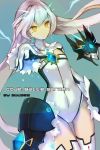  1girl artist_name blue_background elsword eve_(elsword) expressionless gem gloves highres leotard long_hair outstretched_hand solo swd3e2 thigh_gap thighhighs white_hair yellow_eyes 