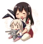  2girls akagi_(kantai_collection) blonde_hair brown_hair chibi dekosuke elbow_gloves gloves japanese_clothes kantai_collection multiple_girls muneate pleated_skirt school_uniform serafuku shimakaze_(kantai_collection) skirt striped striped_legwear thighhighs white_legwear younger zettai_ryouiki 