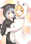  2girls animal_costume animal_ears aoi_usagi blonde_hair blush cat_ears cat_tail charlotte_dunois eye_contact hoodie infinite_stratos laura_bodewig looking_at_another looking_at_viewer multiple_girls open_mouth paw_pose red_eyes tail 